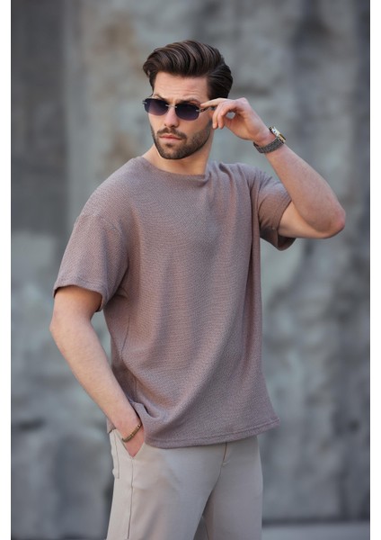 Kahverengi Bisiklet Yaka Oversize Erkek T-Shirt E7134 fırsatları