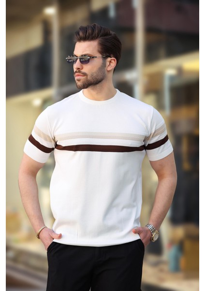 Beyaz Bisiklet Yaka Çizgili Erkek T-Shirt E7412 fiyatları