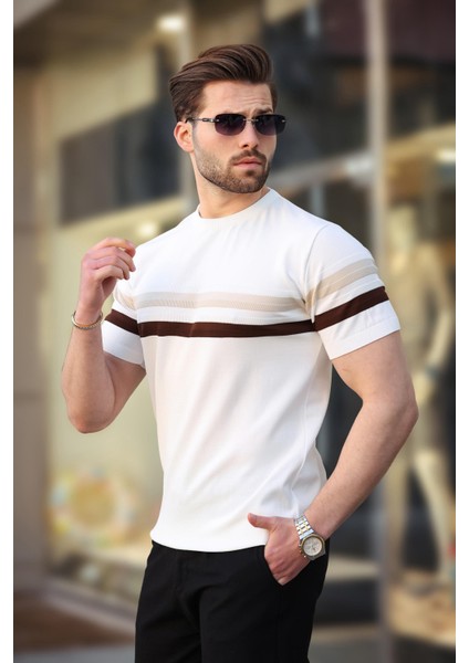 Beyaz Bisiklet Yaka Çizgili Erkek T-Shirt E7412 modelleri