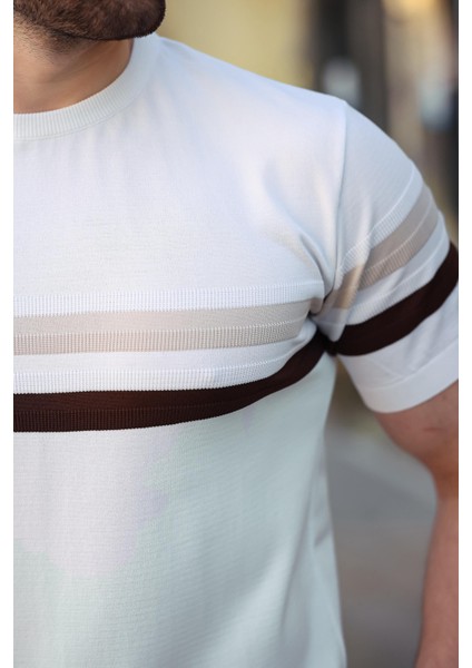 Beyaz Bisiklet Yaka Çizgili Erkek T-Shirt E7412 fırsatları