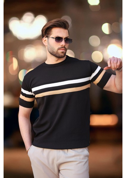 Siyah Bisiklet Yaka Çizgili Erkek T-Shirt E7412 modelleri