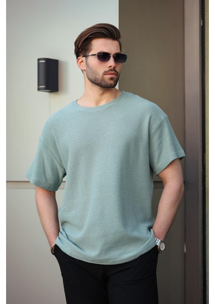 Mint Yeşili Bisiklet Yaka Oversize Erkek T-Shirt E7134