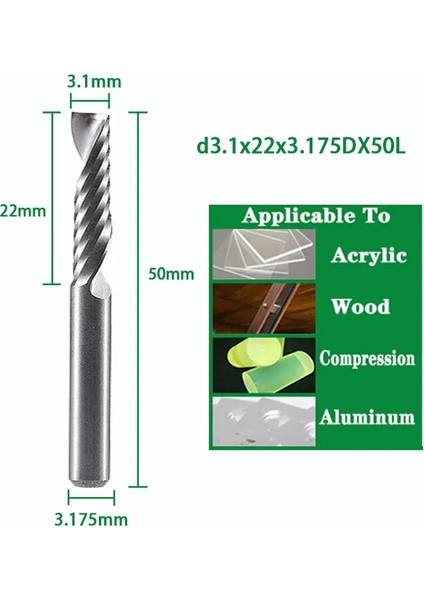 D3.1X22X3.175DX38.1L Spiral Uçlu Değirmen 3.175/4/5/6/8MM Shank Tek Flüt Freze Kesiciler 3D Cnc Router Bit Akrilik Ahşap Alüminyum Için Gravür Kesim (Yurt Dışından)