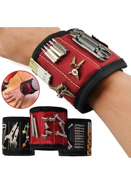 Kırmızı 5 Mıknatıs Yeni Güçlü Manyetik Bileklik Taşınabilir Alet Çantası Vida Çivi Somun Cıvata Matkap Ucu Tamir Kiti Organizatör Depolama (Yurt Dışından)
