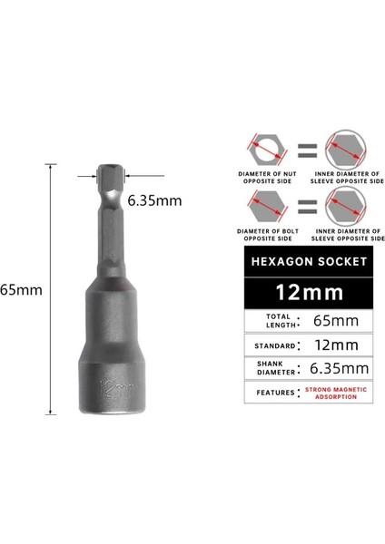 12MM Lokma Anahtar 6-19MM 1/4 ''şap Altıgen Kollu Nozullar Vida Somun Anahtarı Aracı Seti Adaptörü Matkap Ucu Tamir El Aleti Tornavida (Yurt Dışından)