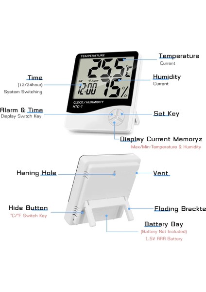 Tpye 3 Beyaz LCD Elektronik Dijital Sıcaklık Sensörü Nem Ölçer Arka Işık Termometre Higrometre Ölçer Kapalı Hava Istasyonu Saat (Yurt Dışından)