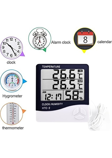 Htc-2 Yenı LCD Elektronik Dijital Sıcaklık Nem Ölçer Termometre Higrometre Iç Mekan Dış Mekan Hava Istasyonu Saat Htc-1 Htc-2 (Yurt Dışından)
