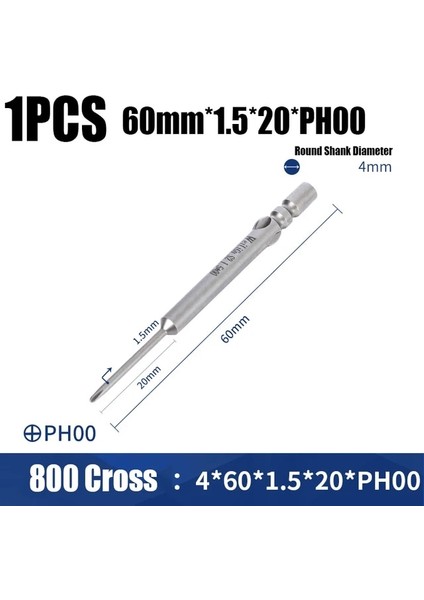 60MM x 1.5X20XPH00 40/60MM 800 Elektrikli Çapraz Tornavida Ucu 4mm Yuvarlak Şaft PH00/0/1/2 Manyetik Darbe Phillips Tornavida Matkap Ucu Toplu Kafa (Yurt Dışından)