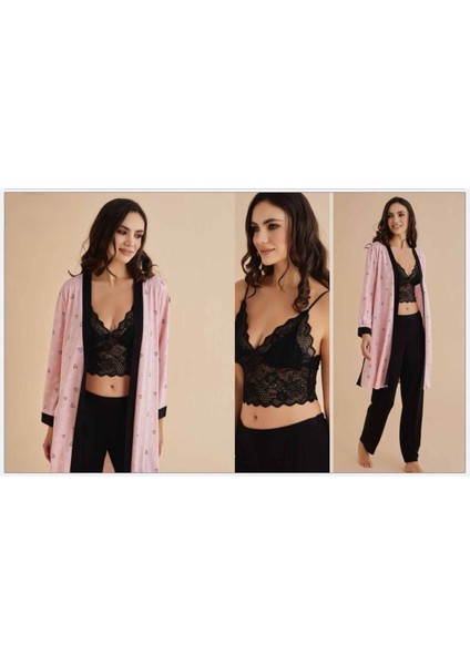 Kadın Siyah Penye Sabahlıklı Pijama Takımı Q2.4.2.4dkukchss