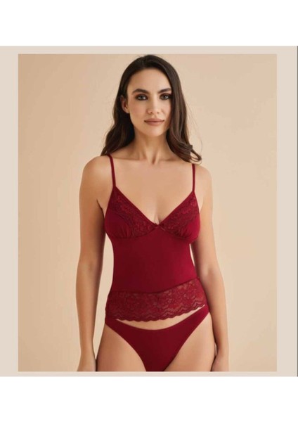 Kadın Bordo Dantel Detaylı Ip Askılı Atlet & Slip Külot Kaşkorse Set Q6U0K.K.1A.
