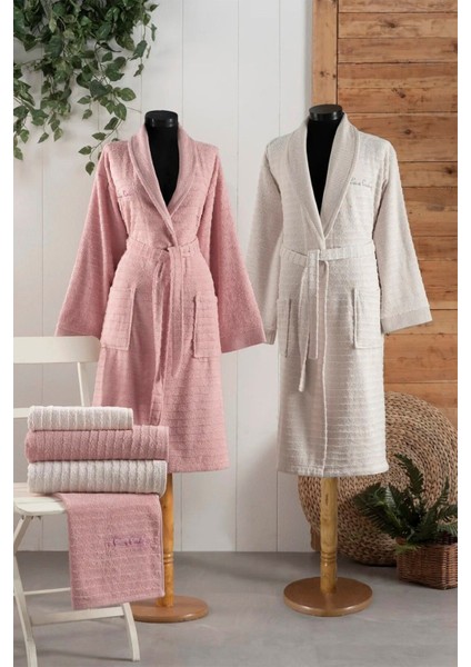 %100 Pamuklu Gül Kurusu&krem 2 Bornoz&2 Yüz Havlusu&2 Banyo Havlusu 6'lı Bornoz Set Q.k.br.nz.st