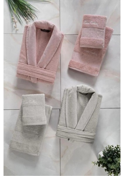 %100 Pamuklu Desenli Pudra-Bej 2 Bornoz&2 Yüz Havlusu&2 Banyo Havlusu 6'lı Bornoz Seti Q.k.br.nz.st