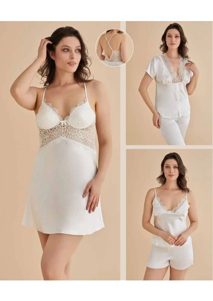 Kadın Ekru Gecelik&sabahlık&şortlu Takım&pijama Takımı 6'lı Saten Gelin Çeyizlik Set Q8.7.4.1dkukch