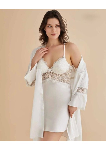 Kadın Ekru Gecelik&sabahlık&şortlu Takım&pijama Takımı 6'lı Saten Gelin Çeyizlik Set Q8.7.4.1dkukch fiyatları