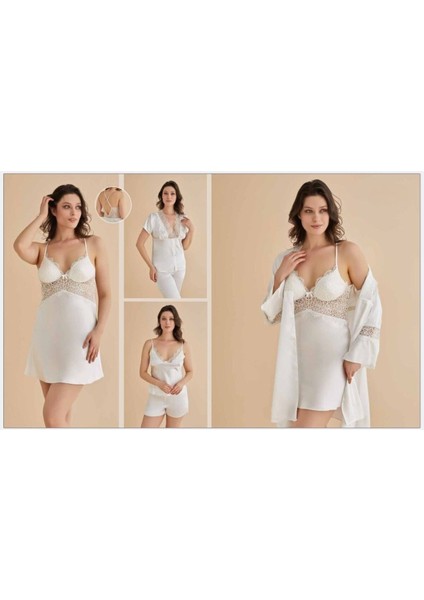 Kadın Ekru Gecelik&sabahlık&şortlu Takım&pijama Takımı 6'lı Saten Gelin Çeyizlik Set Q8.7.4.1dkukch modelleri