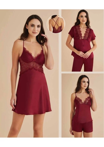 Kadın Bordo Gecelik&sabahlık&şortlu Takım&pijama Takımı 6'lı Saten Gelin Çeyizlik Set Q8.7.4.1dkukch