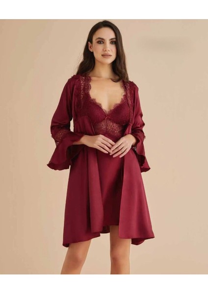 Kadın Bordo Gecelik&sabahlık&şortlu Takım&pijama Takımı 6'lı Saten Gelin Çeyizlik Set Q8.7.4.1dkukch fiyatları