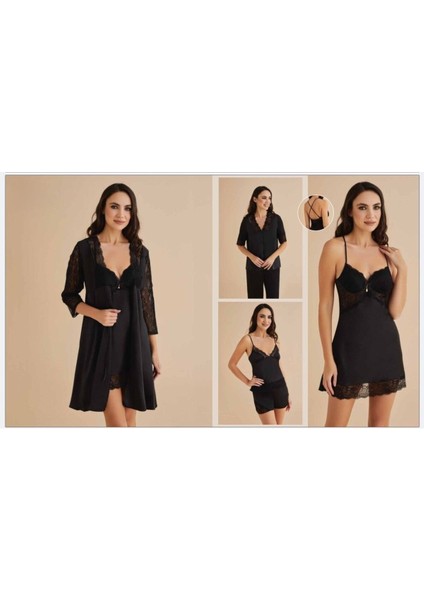 Kadın Siyah Gecelik&sabahlık&şortlu Takım&pijama Takımı 6'lı Saten Gelin Çeyizlik Set UU.O8K.KSA.SE