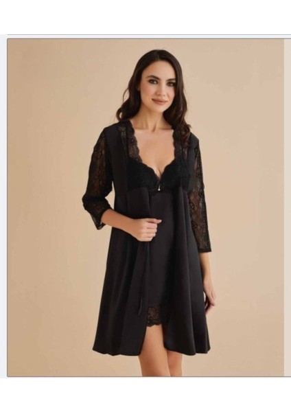 Kadın Siyah Gecelik&sabahlık&şortlu Takım&pijama Takımı 6'lı Saten Gelin Çeyizlik Set UU.O8K.KSA.SE fiyatları