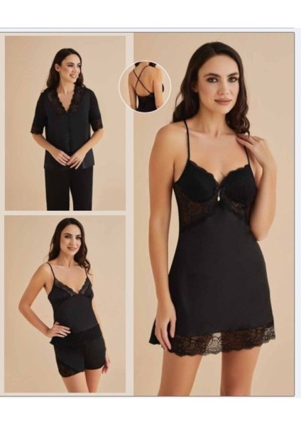 Kadın Siyah Gecelik&sabahlık&şortlu Takım&pijama Takımı 6'lı Saten Gelin Çeyizlik Set UU.O8K.KSA.SE modelleri