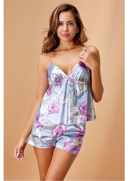 Kadın Mor Çiçek Desenli Saten Şortlu Pijama Takımı Q.6N6K6.3RK.T.K.S