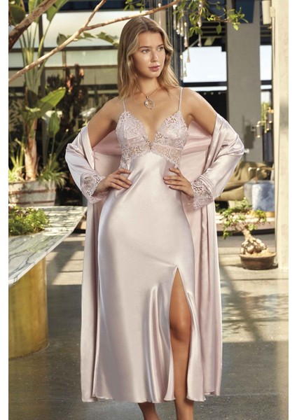 Kadın Pudra Gecelik&sabahlık&şortlu Takım&pijama Takımı 6'lı Saten Gelin Çeyizlik Set Q.7n.8rk.t.k.s