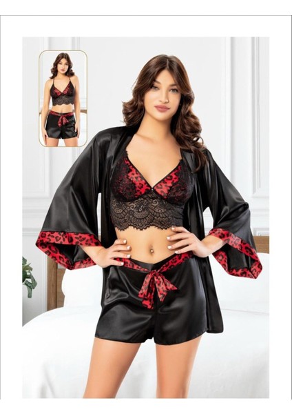 Kadın Saten Siyah Kırmızı Leopar Desenli Sabahlıklı Şortlu Pijama Takımı Q.u.6o1.k.6.k7.a