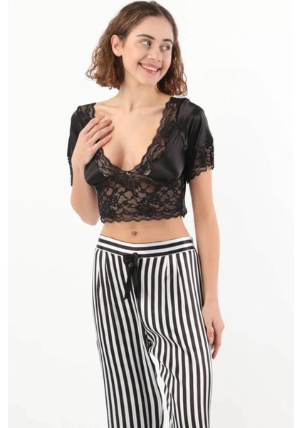 Kadın Saten Siyah Çizgili Büstiyer&pijama Alt Pijama Takımı Q.u.6o1.k.6.k3.a