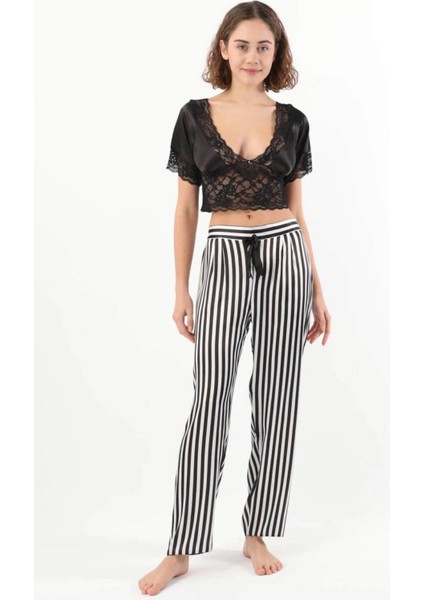 Kadın Saten Siyah Çizgili Büstiyer&pijama Alt Pijama Takımı Q.u.6o1.k.6.k3.a modelleri