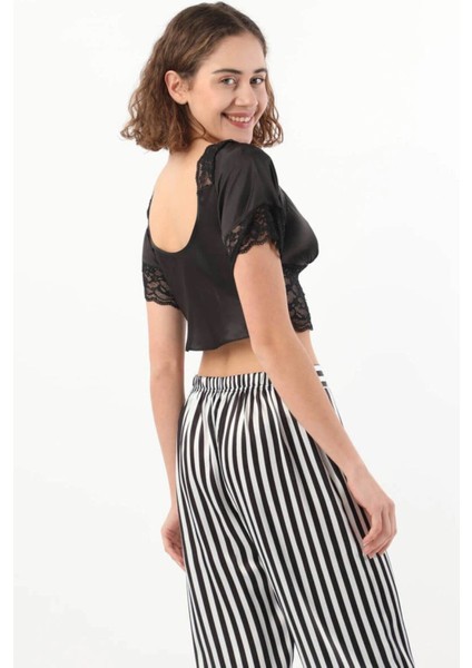 Kadın Saten Siyah Çizgili Büstiyer&pijama Alt Pijama Takımı Q.u.6o1.k.6.k3.a fırsatları