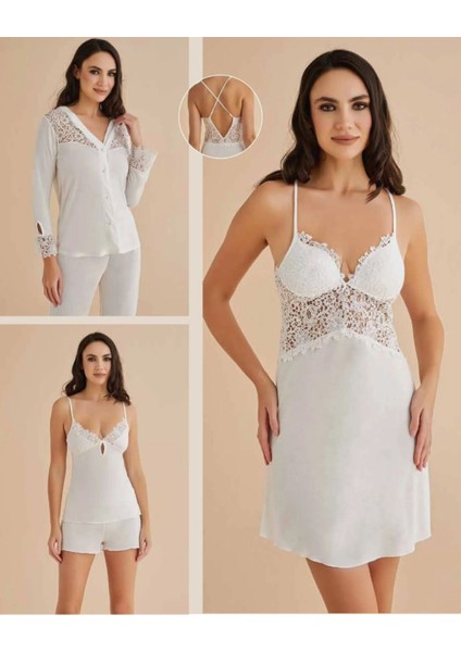 Kadın Ekru Gecelik&sabahlık&şortlu Takım&pijama Takımı 6'lı Penye Gelin Çeyizlik Set Q5.8.dkukchss