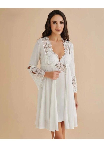 Kadın Ekru Gecelik&sabahlık&şortlu Takım&pijama Takımı 6'lı Penye Gelin Çeyizlik Set Q5.8.dkukchss