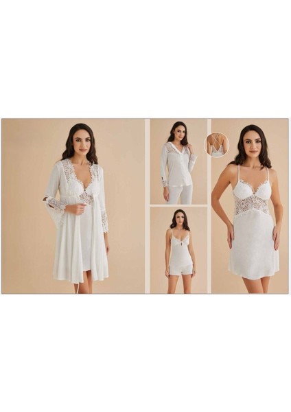 Kadın Ekru Gecelik&sabahlık&şortlu Takım&pijama Takımı 6'lı Penye Gelin Çeyizlik Set Q5.8.dkukchss