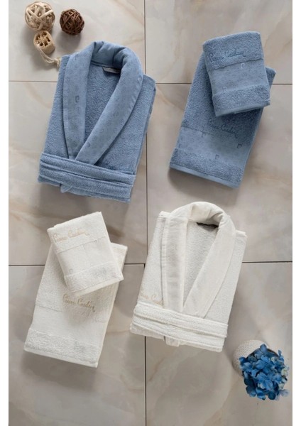 %100 Pamuklu Desenli Indigo&krem 2 Bornoz&2 Yüz Havlusu&2 Banyo Havlusu 6'lı Bornoz Set Q.k.br.nz.st
