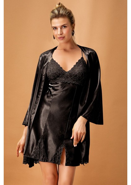 Kadın Siyah Saten Kimono Takım Q.6N4K3.6RK.T.K.S