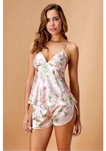 Kadın Pudra Çiçek Desenli Saten Şortlu Pijama Takımı Q.6N6K6.2RK.T.K.S