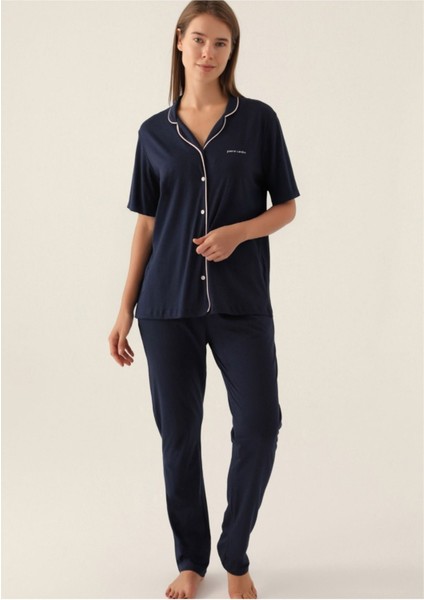 Kadın Lacivert Pamuklu Modal Boydan Patlı Kısa Kol Kutulu Pijama Takımı Q8.u.8o.k2.k.a6.p.c