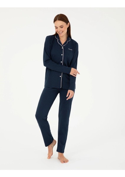 Kadın Lacivert Pamuklu Modal Boydan Patlı Kutulu Pijama Takımı Q8.u.8o.k2.k.a8.p.c