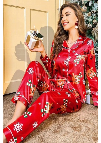 Kadın Saten Kırmızı Yılbaşı Detaylı Önden Düğmeli Pijama Takımı Q.u.6o1.k.1.k6.a