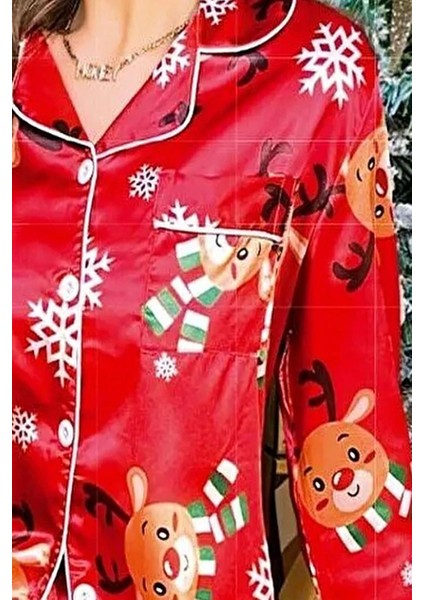 Kadın Saten Kırmızı Yılbaşı Detaylı Önden Düğmeli Pijama Takımı Q.u.6o1.k.1.k6.a