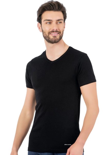 Erkek Pamuklu Siyah 2'li Ribana V Yaka Fanila T-Shirt Q5.u.5o.k3.k.a.p.c