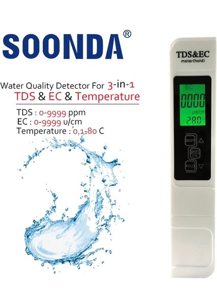 Tds-Ec-Withbacklight 3'ü 1 Arada Tds Ec Sıcaklık Monitörü 0-9999 Ppm Su Sayacı Hızlı Pcr Içme Suyu Kalitesi Test Cihazı Analizörü Akvaryum Filtre Test Cihazı (Yurt Dışından)