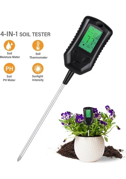 4'ü 1 Arada Dijital Toprak Test Cihazı 4'ü 1 Arada Ph/nem/sıcaklık Güneş Işığı Yoğunluğu Ölçer Bahçe Toprak Ph Test Probu Sıcaklık Nem Ölçer (Yurt Dışından)