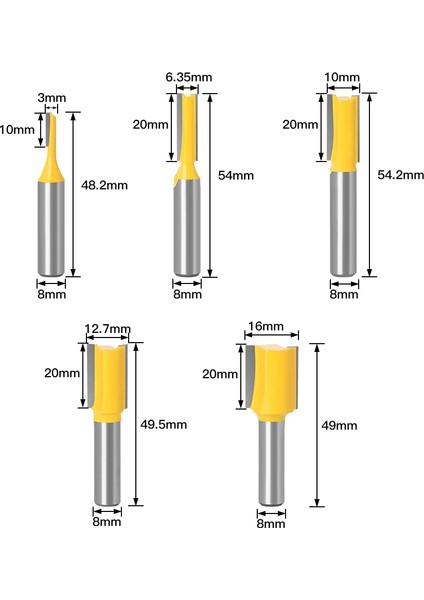 8X12.7 5 Adet 8mm Shank Düz Ağaç Işleme Yönlendirici Bit Seti Marangoz Freze Kesici 3/6/10/12/16MM Kesme Çapı (Yurt Dışından) modelleri
