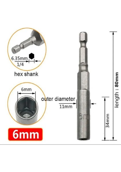 6mm 1 Adet 80MM Uzunluk 1/4 "hex Hex Soketler 5.5-17MM Sürücü Magne Soket Darbe Somun Cıvata Matkap Uçları Tornavida Uçları (Yurt Dışından)
