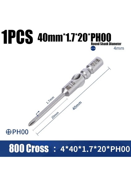 40MM x 1.7X20XPH00 40/60MM 800 Elektrikli Çapraz Tornavida Ucu 4mm Yuvarlak Şaft PH00/0/1/2 Manyetik Darbe Phillips Tornavida Matkap Ucu Toplu Kafa (Yurt Dışından)