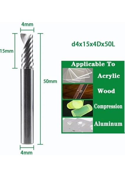 D4X15X4DX50L Spiral Uçlu Değirmen 3.175/4/5/6/8MM Shank Tek Flüt Freze Kesiciler 3D Cnc Freze Ucu Gravür Kesim Akrilik Ahşap Alüminyum (Yurt Dışından)