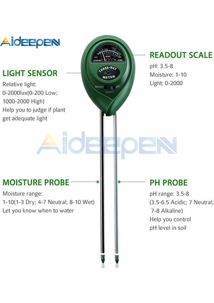 Açık Yeşil 3 In 1 Yuvarlak Kafa Toprak Ph Su Nem Test Cihazı Işık Ölçer Asitlik Nem Güneş Işığı Analizörü Araçları Bahçe Bitki Çiçekler Için (Yurt Dışından) indirimleri