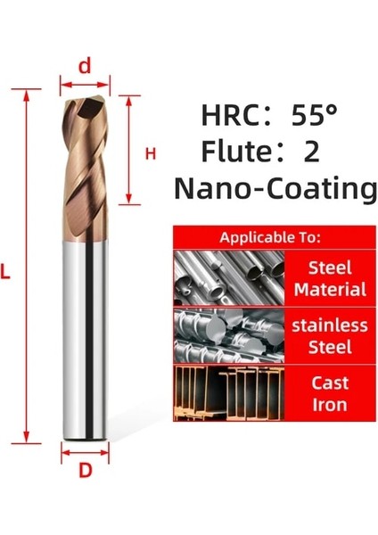 D2XD4X50L 1 Adet HRC55 2f HRC55/65 4 Flüt Alaşım Tungsten Çelik Freze Karbür Parmak Frezeler Kesici Kesme Aleti Cnc Işleme Kaplama Düz Uçlu Değirmen (Yurt Dışından)