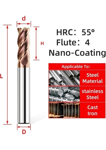 D1.5XD4X50L 1 Adet HRC55 4f HRC55 4 Flüt Alaşım Tungsten Çelik Freze Karbür Parmak Frezeler Kesici Kesme Aleti Cnc Işleme Kaplama Düz Uçlu Değirmen (Yurt Dışından)